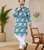 Blue color digital print with chikankari embroidery work rayon men's kurta payjama set
