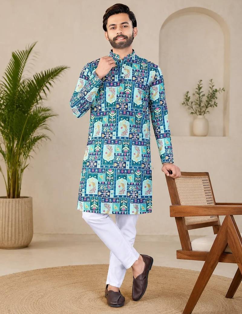 Blue color digital print with chikankari embroidery work rayon men's kurta payjama set
