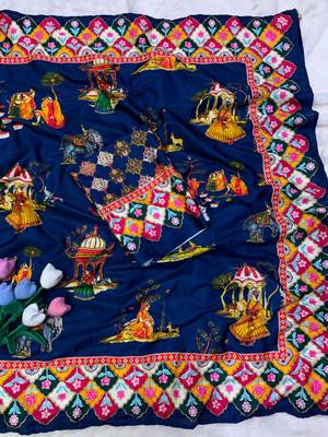 Navy blue crepe printed  with floral print 3