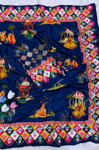 Navy blue crepe printed  with floral print