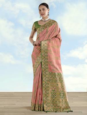 pink silk blend banarasi jacuard work saree with unstitched blouse piece 1
