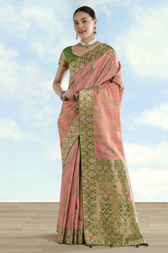 pink silk blend banarasi jacuard work saree with unstitched blouse piece