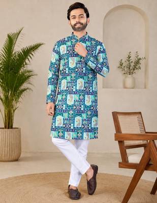 Blue color digital print with chikankari embroidery work rayon men's kurta payjama set 2