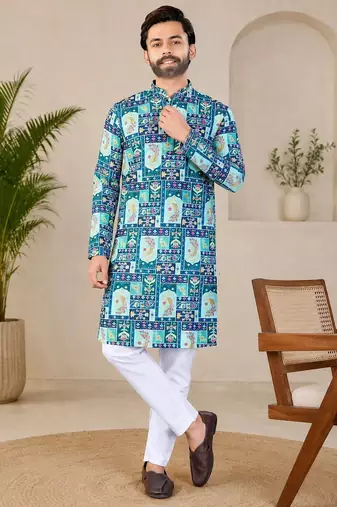 Blue color digital print with chikankari embroidery work rayon men's kurta payjama set