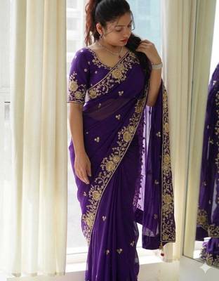 Navy blue silk blend embroidered  with thread work 1