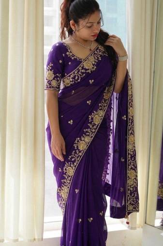 Navy blue silk blend embroidered  with thread work