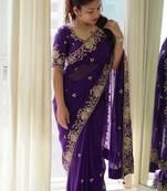 Navy blue silk blend embroidered  with thread work