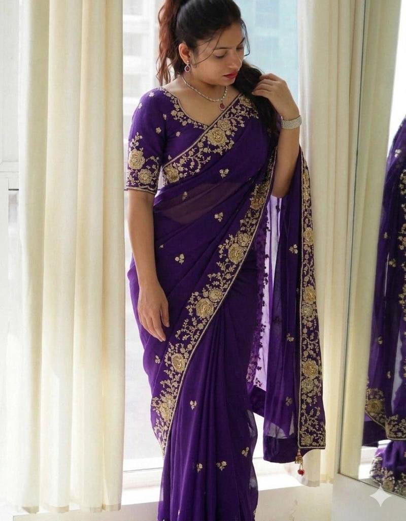 Navy blue silk blend embroidered  with thread work
