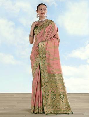 pink silk blend banarasi jacuard work saree with unstitched blouse piece 2