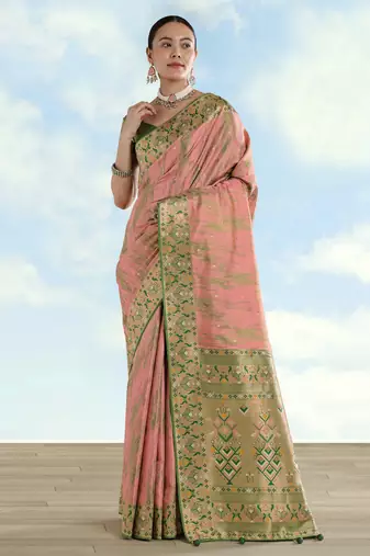 pink silk blend banarasi jacuard work saree with unstitched blouse piece
