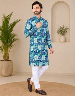Blue color digital print with chikankari embroidery work rayon men's kurta payjama set 3