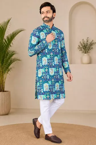 Blue color digital print with chikankari embroidery work rayon men's kurta payjama set