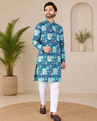 Blue color digital print with chikankari embroidery work rayon men's kurta payjama set 4