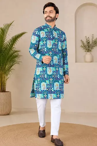 Blue color digital print with chikankari embroidery work rayon men's kurta payjama set