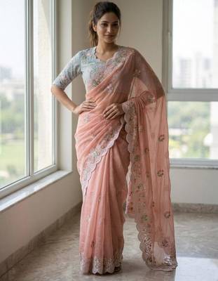 Peach georgette embroidered  with thread work 1