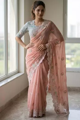 Peach georgette embroidered  with thread work