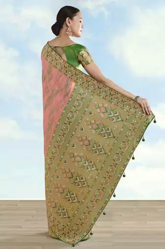 pink silk blend banarasi jacuard work saree with unstitched blouse piece