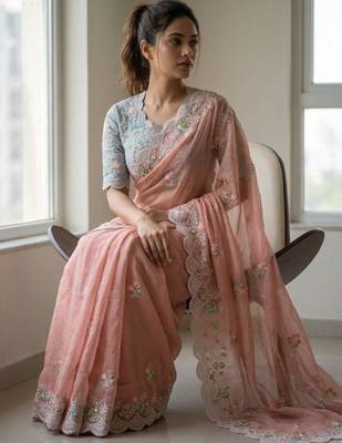Peach georgette embroidered  with thread work 2