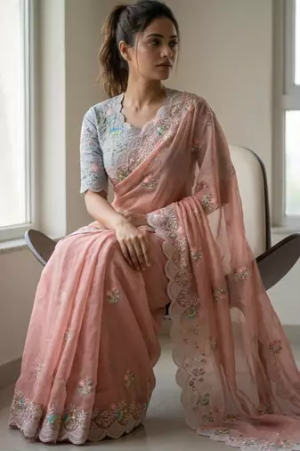 Peach georgette embroidered  with thread work