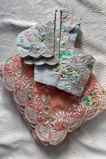 Peach georgette embroidered  with thread work