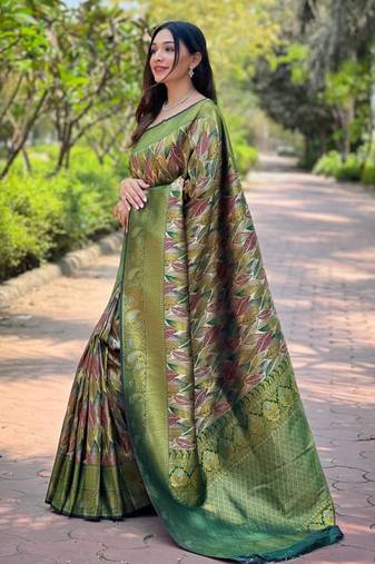 Green art silk printed  with floral print