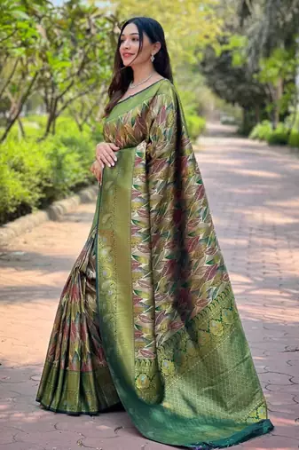 Green art silk printed  with floral print