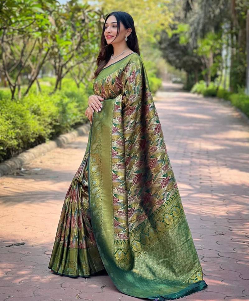 Green art silk printed  with floral print