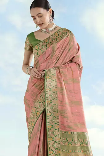 pink silk blend banarasi jacuard work saree with unstitched blouse piece