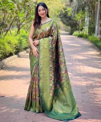 Green art silk printed  with floral print 2