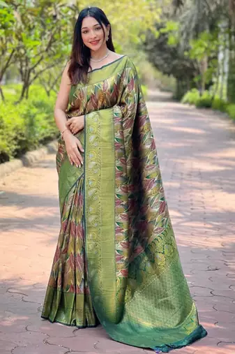 Green art silk printed  with floral print