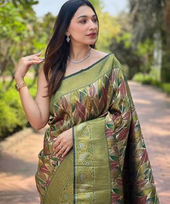 Green art silk printed  with floral print 3