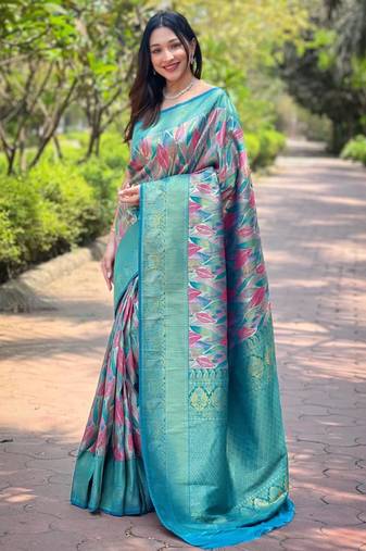 Sea green art silk printed  with floral print