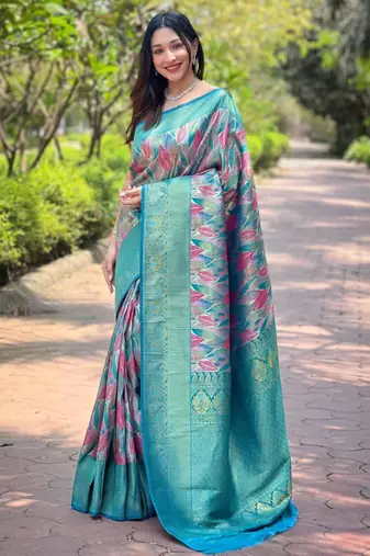 Sea green art silk printed  with floral print