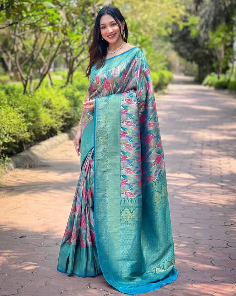 Sea green art silk printed  with floral print