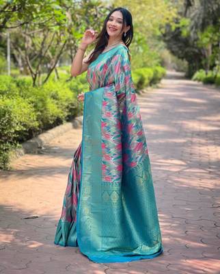 Sea green art silk printed  with floral print 2