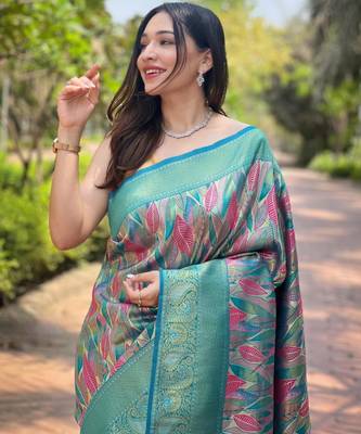 Sea green art silk printed  with floral print 3