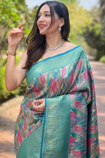 Sea green art silk printed  with floral print