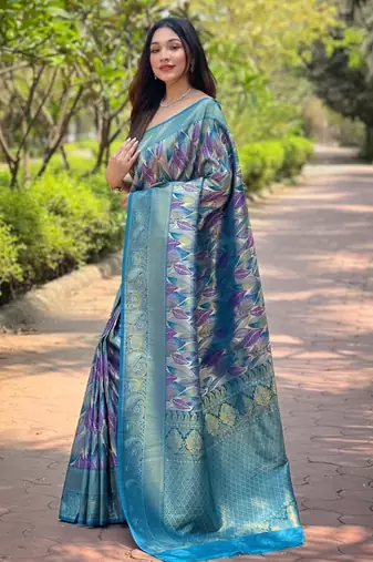 BLUE art silk printed  with LEAF print