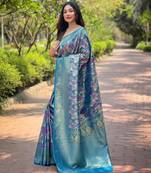 BLUE art silk printed  with LEAF print