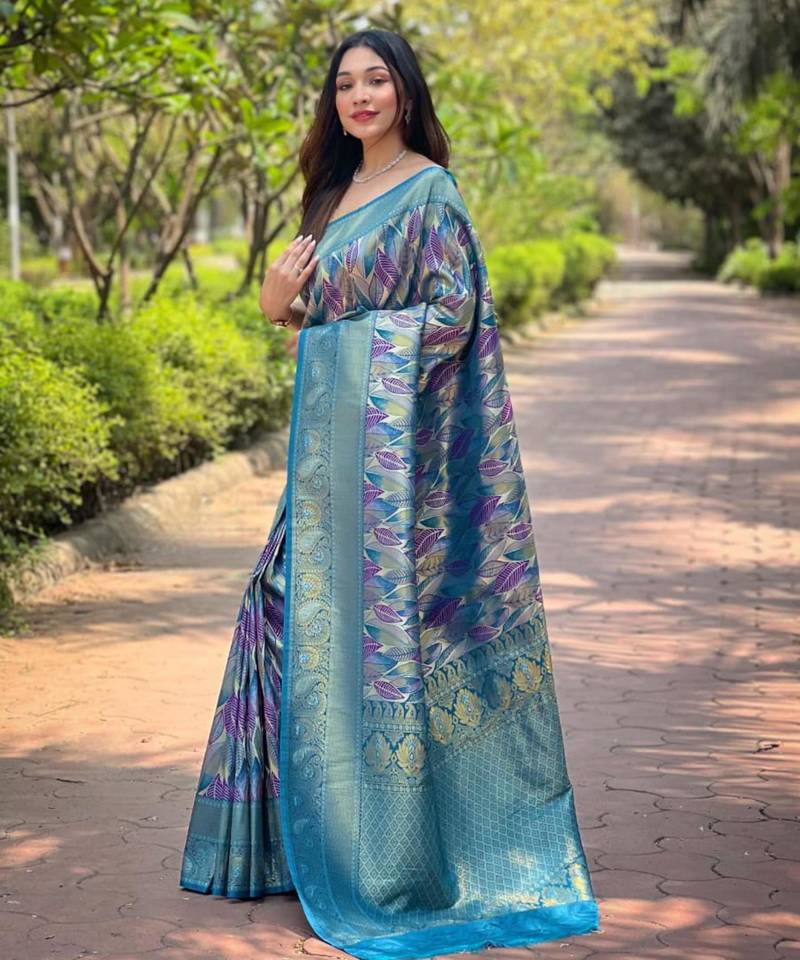BLUE art silk printed  with LEAF print