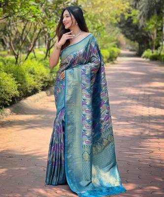BLUE art silk printed  with LEAF print 2