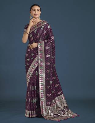 wine silk blend banarasi jacuard work saree with unstitched blouse piece 1