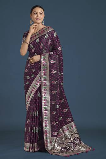 wine silk blend banarasi jacuard work saree with unstitched blouse piece