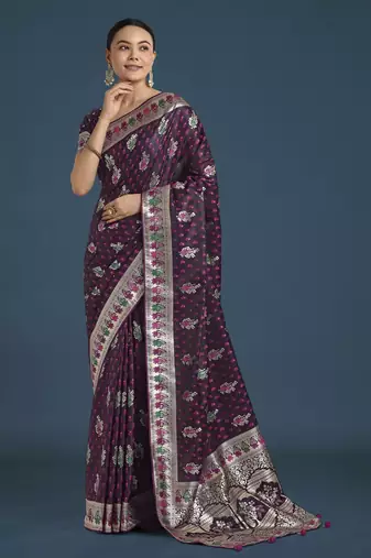 wine silk blend banarasi jacuard work saree with unstitched blouse piece