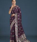 wine silk blend banarasi jacuard work saree with unstitched blouse piece