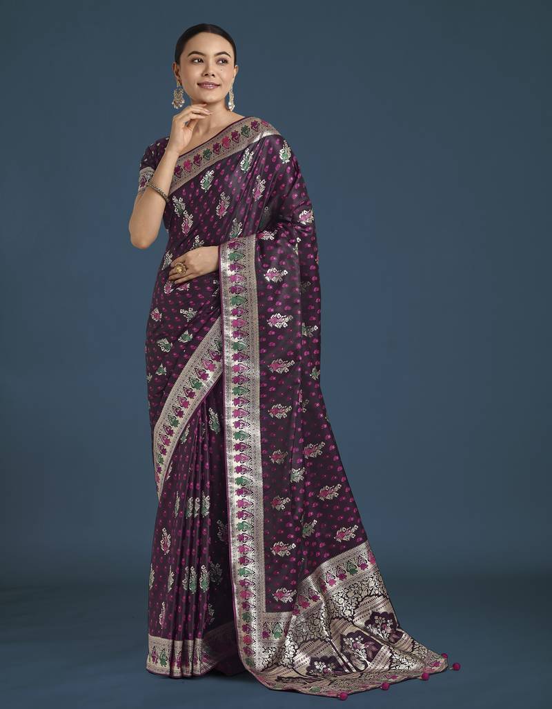 wine silk blend banarasi jacuard work saree with unstitched blouse piece