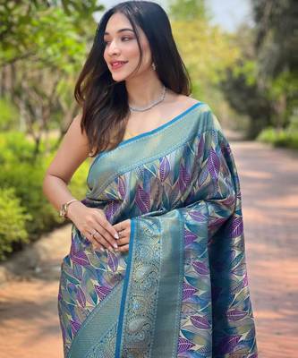 BLUE art silk printed  with LEAF print 3