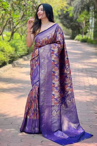 Purple art silk printed  with LEAF print