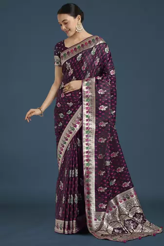 wine silk blend banarasi jacuard work saree with unstitched blouse piece