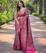 Rani pink art silk printed  with LEAF print